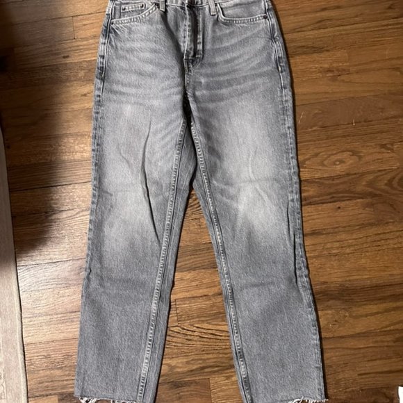 Topshop High Waist Raw Hem Straight Leg Jeans in Grey 27 - Picture 5 of 7